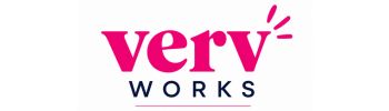 Verv Works logo featuring bold lowercase serif lettering in bright pink with “WORKS” in spaced navy uppercase text underneath. The logo has a modern, confident and feminine business aesthetic.